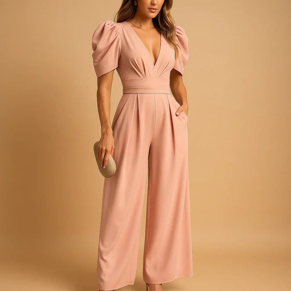 Luxe Dames Jumpsuit Met Puff Mouwen En Wijde Pijpen