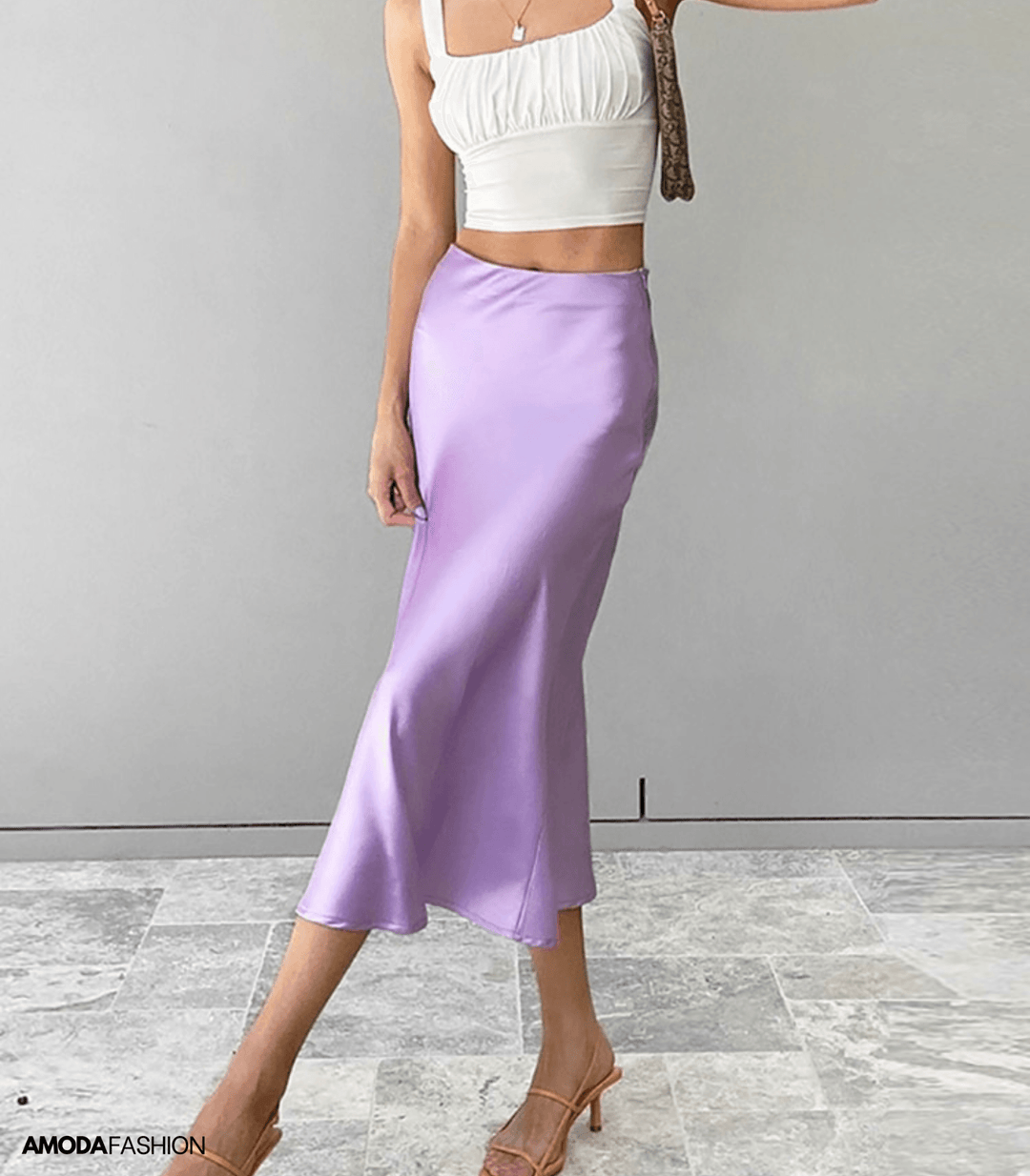 Elegante Satijn Look Midi Rok Met Hoge Taille En Soepele Valling