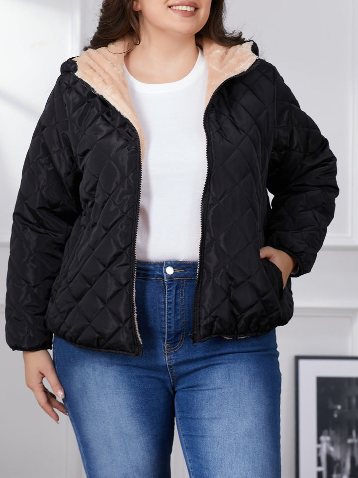 Lara | Plus size kleurblok gewatteerde jas met capuchon