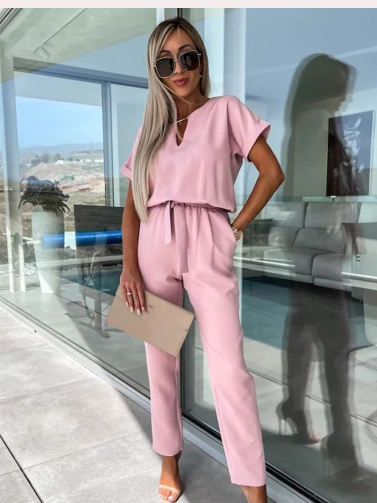 Elegante Jumpsuit Set Voor Dames Met Korte Mouwen En Ceintuur