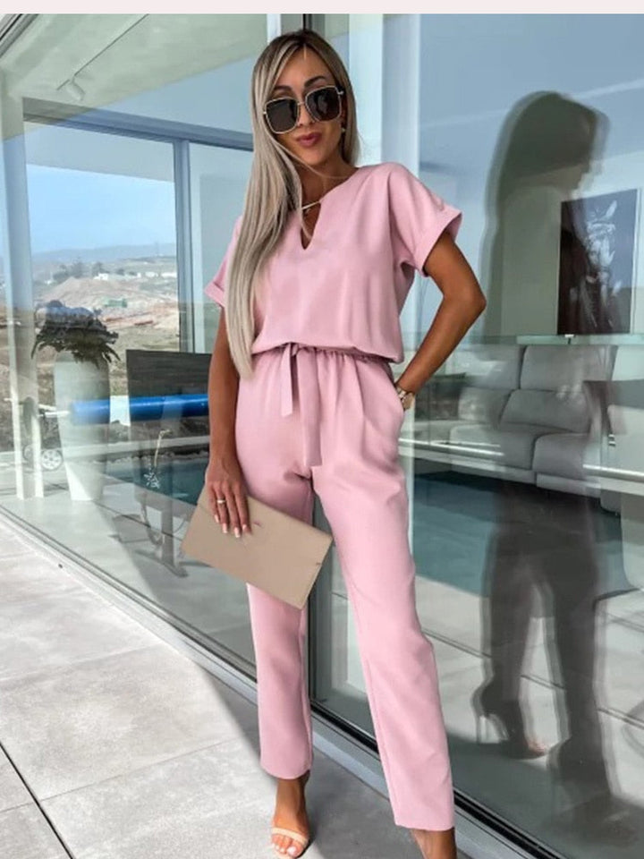 Elegante Jumpsuit Set Voor Dames Met Korte Mouwen En Ceintuur
