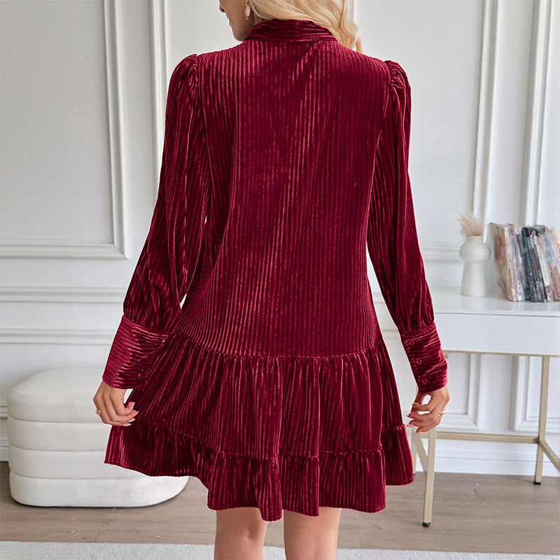 Elegante Velvet Minijurk met Lange Mouwen en Strikdetail voor Dames