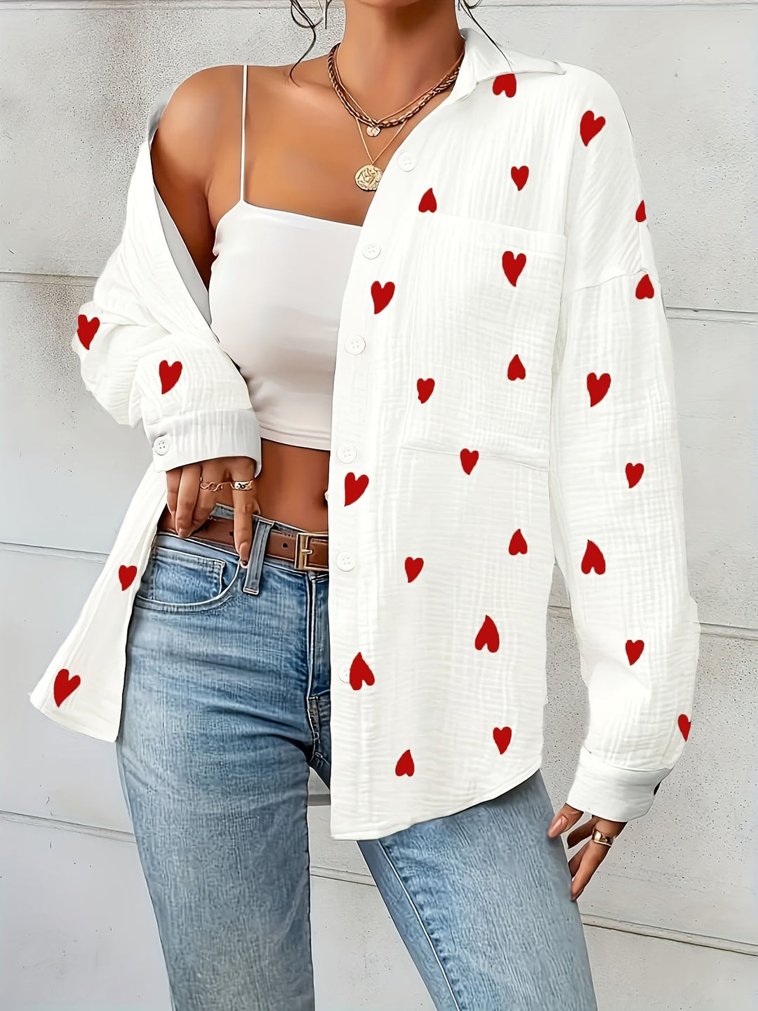 Lotte | Vrouwelijk elegant hartprint katoenen overhemd met lange mouw