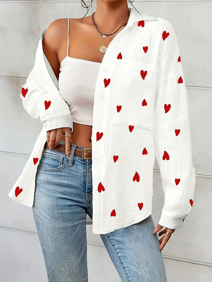 Lotte | Vrouwelijk elegant hartprint katoenen overhemd met lange mouw