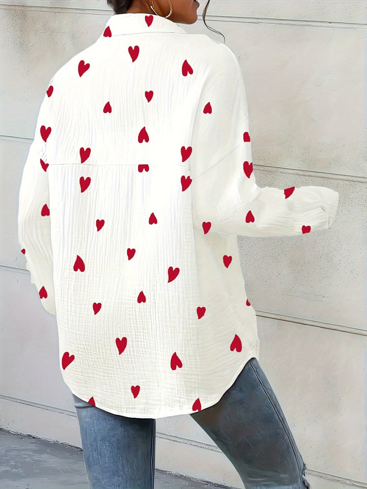 Lotte | Vrouwelijk elegant hartprint katoenen overhemd met lange mouw