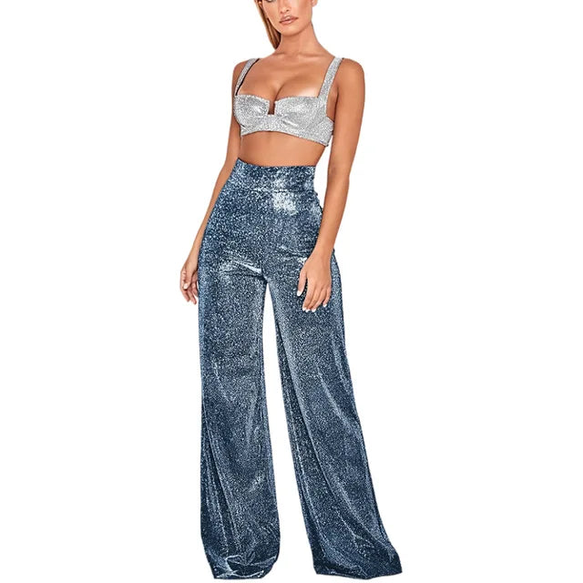 Elegante glitter feest pantalon dames flared pijpen