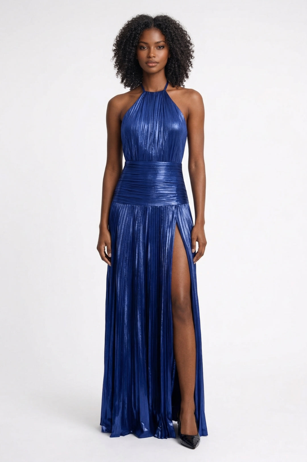 Maxi Jurk Dames - Metallic Plissé met Halterhals en Split | Elegant