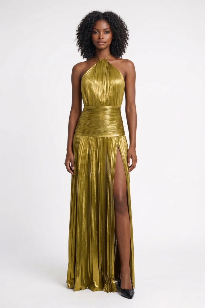 Maxi Jurk Dames - Metallic Plissé met Halterhals en Split | Elegant