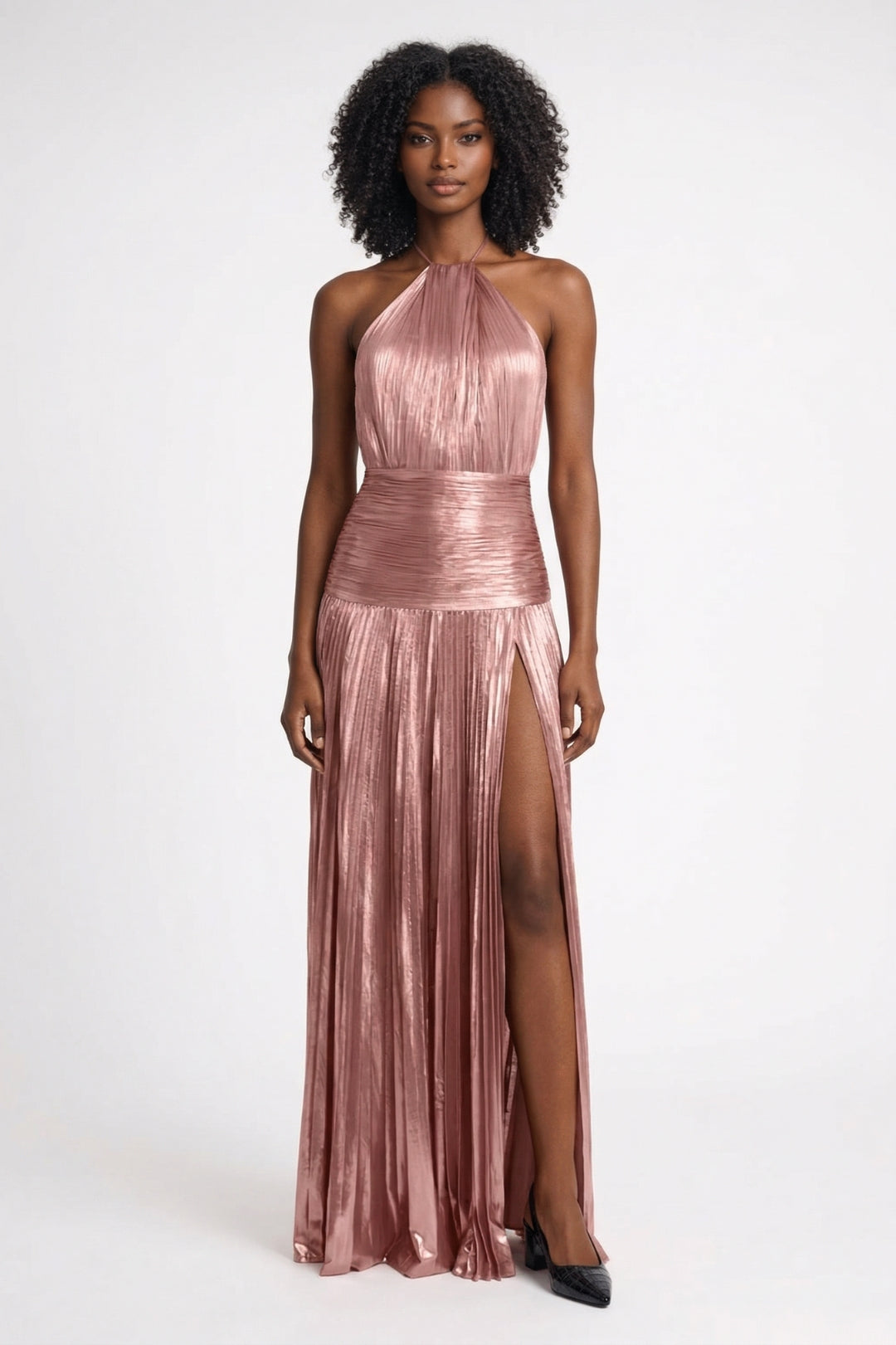 Maxi Jurk Dames - Metallic Plissé met Halterhals en Split | Elegant