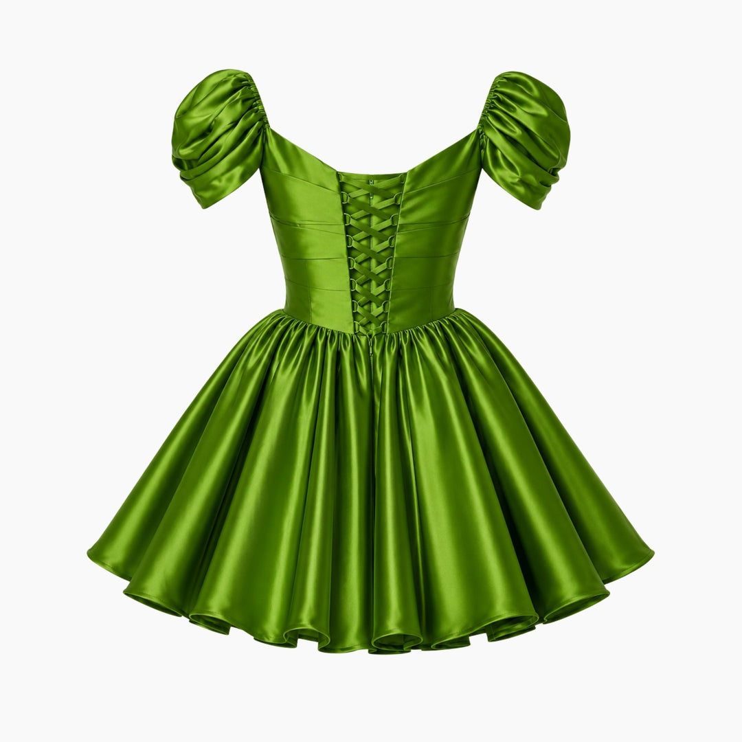 Mini Jurk Dames Satijn Off Shoulder Puff Mouwen