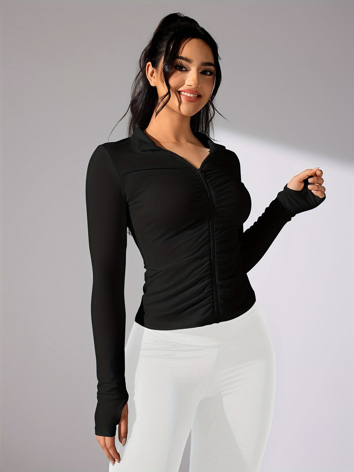 Nina | Effen kleur casual sportjack met lange mouw en volledige rits