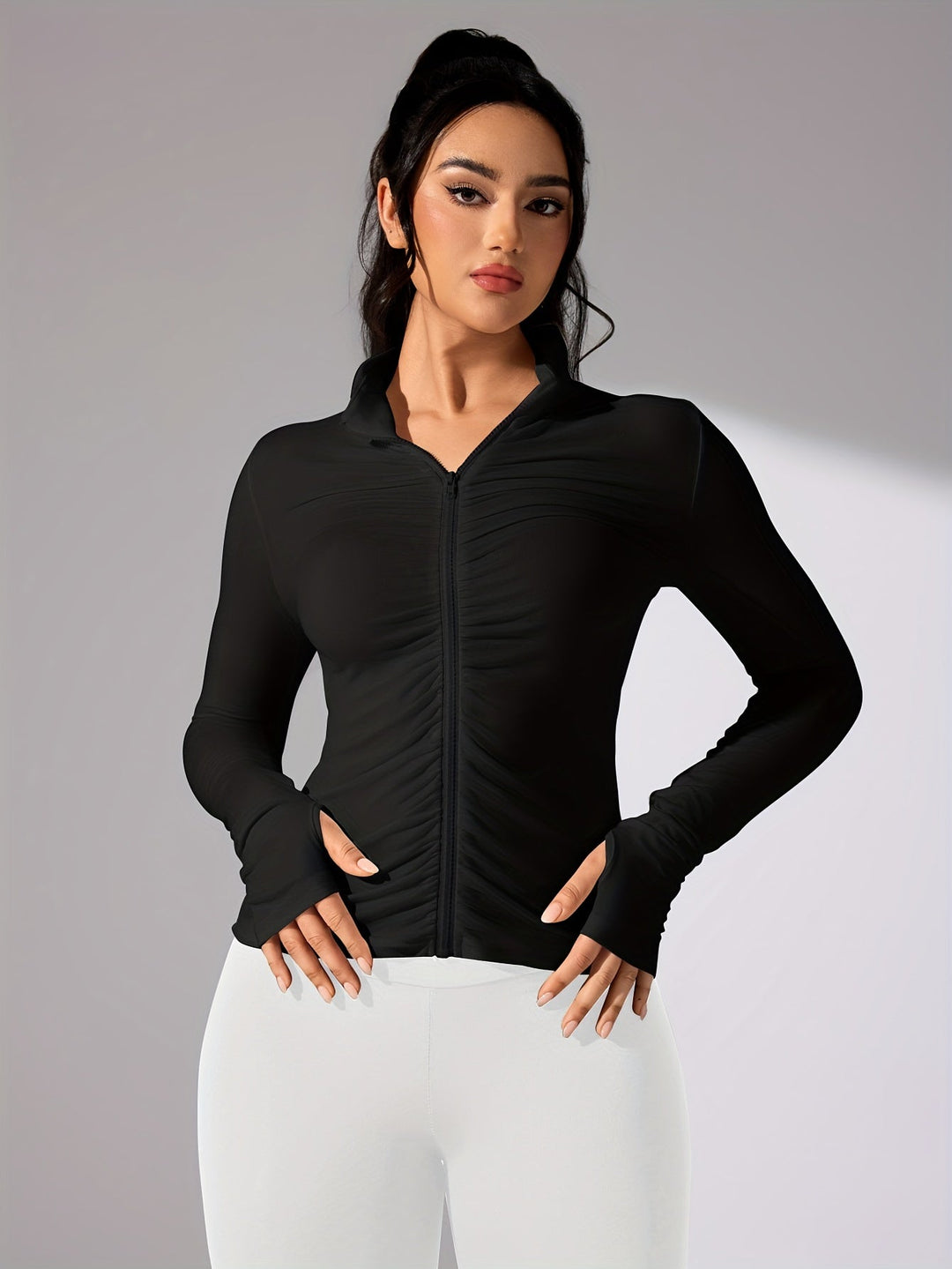 Nina | Effen kleur casual sportjack met lange mouw en volledige rits