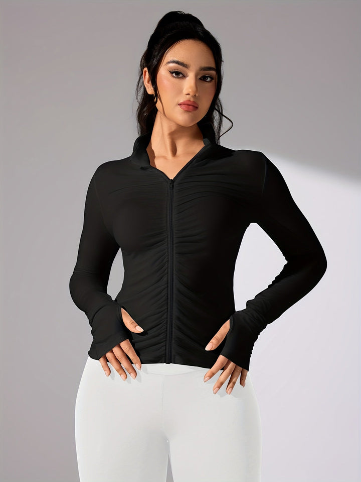 Nina | Effen kleur casual sportjack met lange mouw en volledige rits