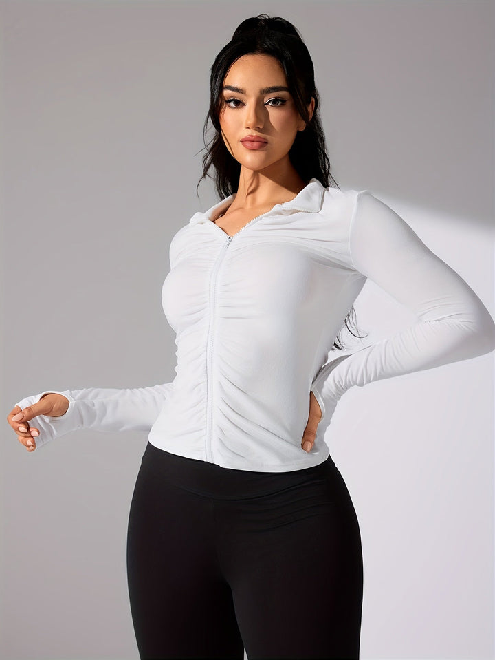 Nina | Effen kleur casual sportjack met lange mouw en volledige rits