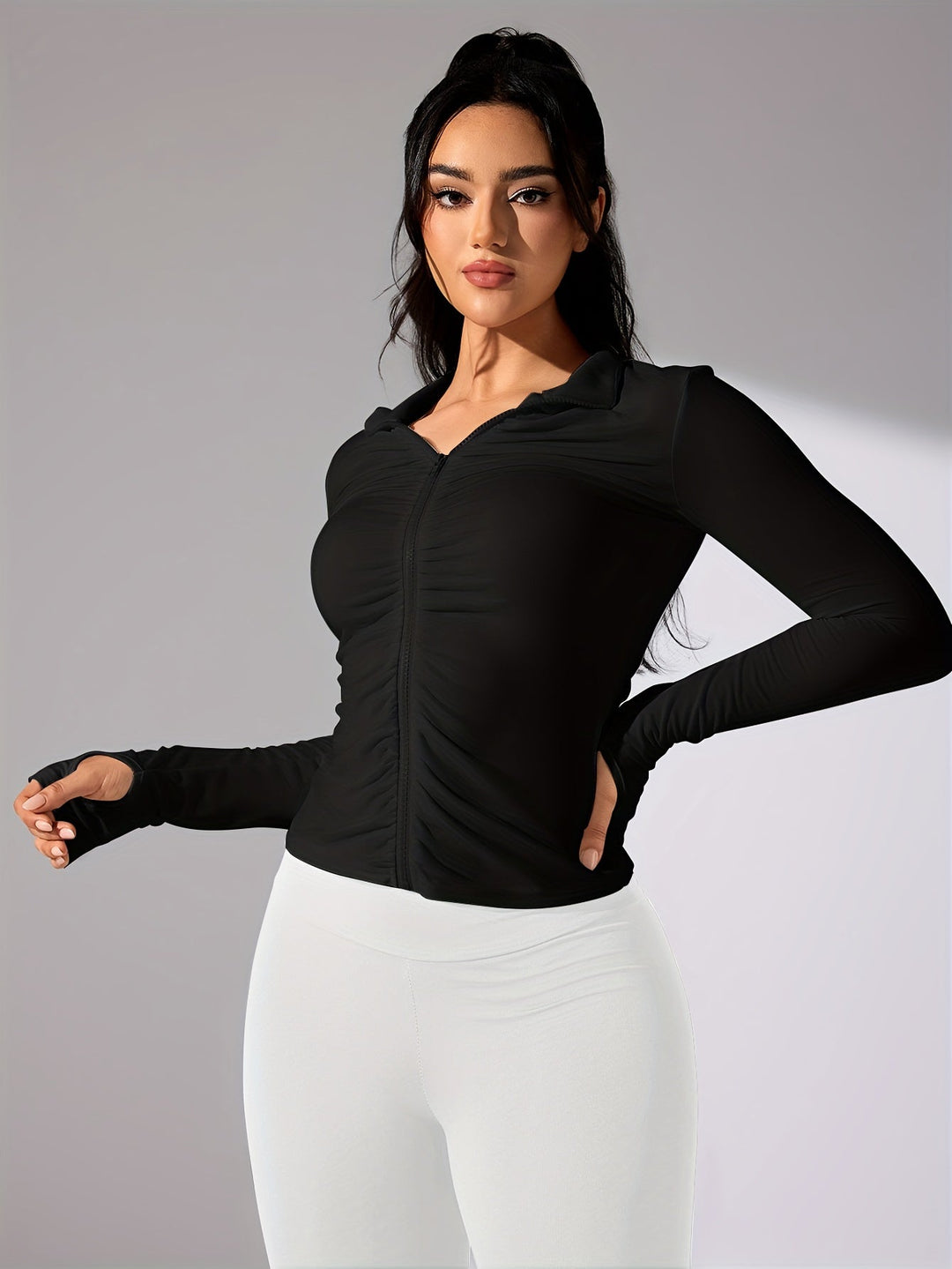 Nina | Effen kleur casual sportjack met lange mouw en volledige rits