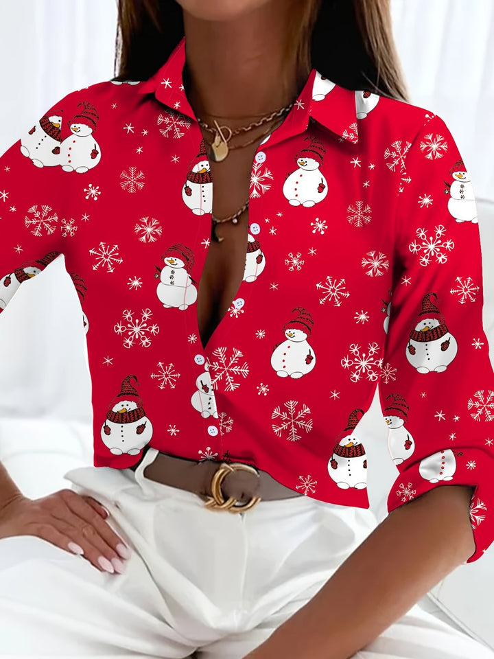 Nina | Schattig kerst sneeuwman print blouse met lange mouwen