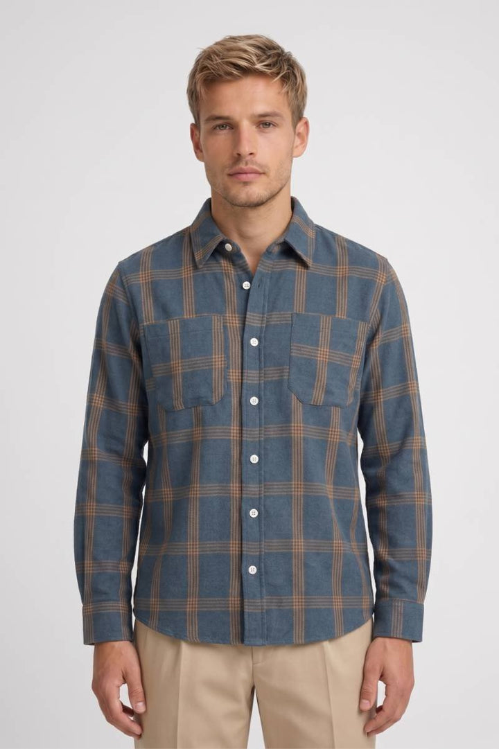 Overhemd Heren - Geruit Blauw Bruin | Lange Mouwen