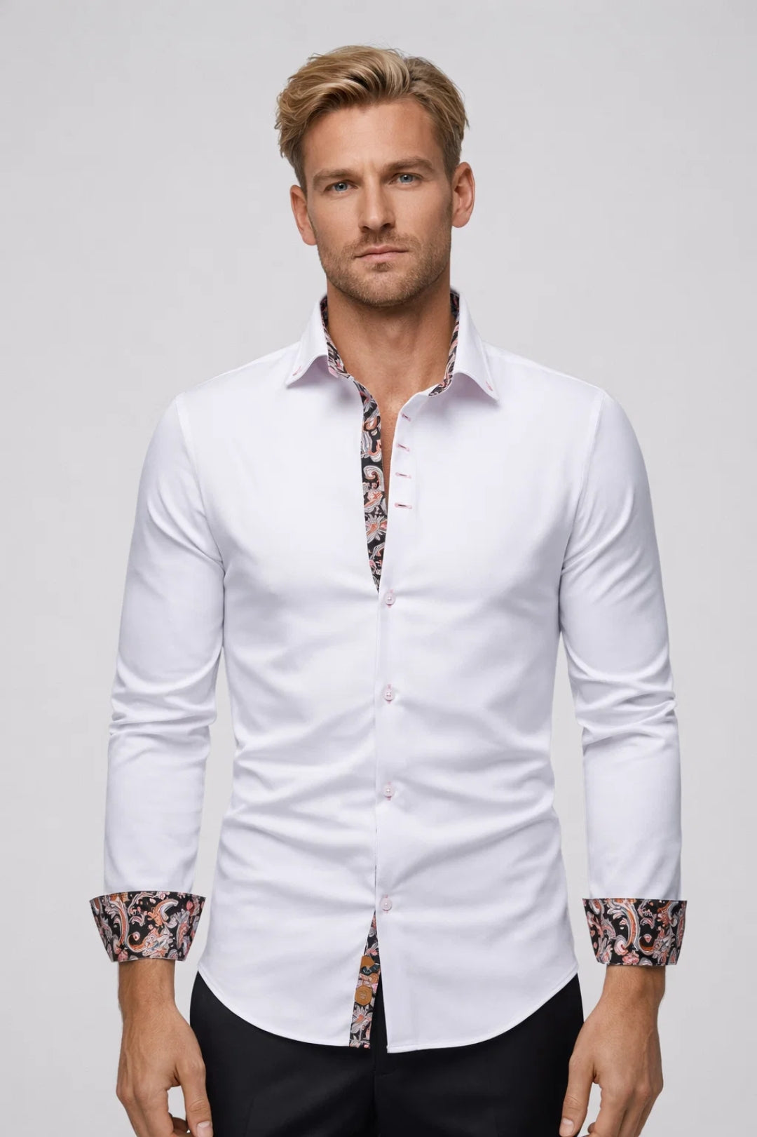 Overhemd Heren - Slim Fit met Contrastbies en Bloemendetail | Casual
