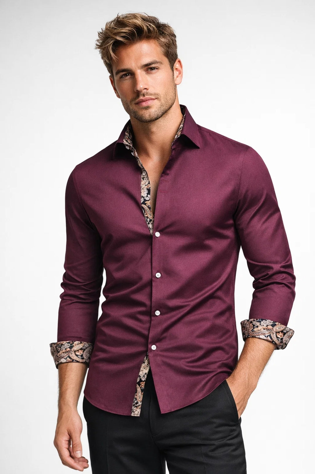Overhemd Heren - Slim Fit met Contrastbies en Bloemendetail | Casual