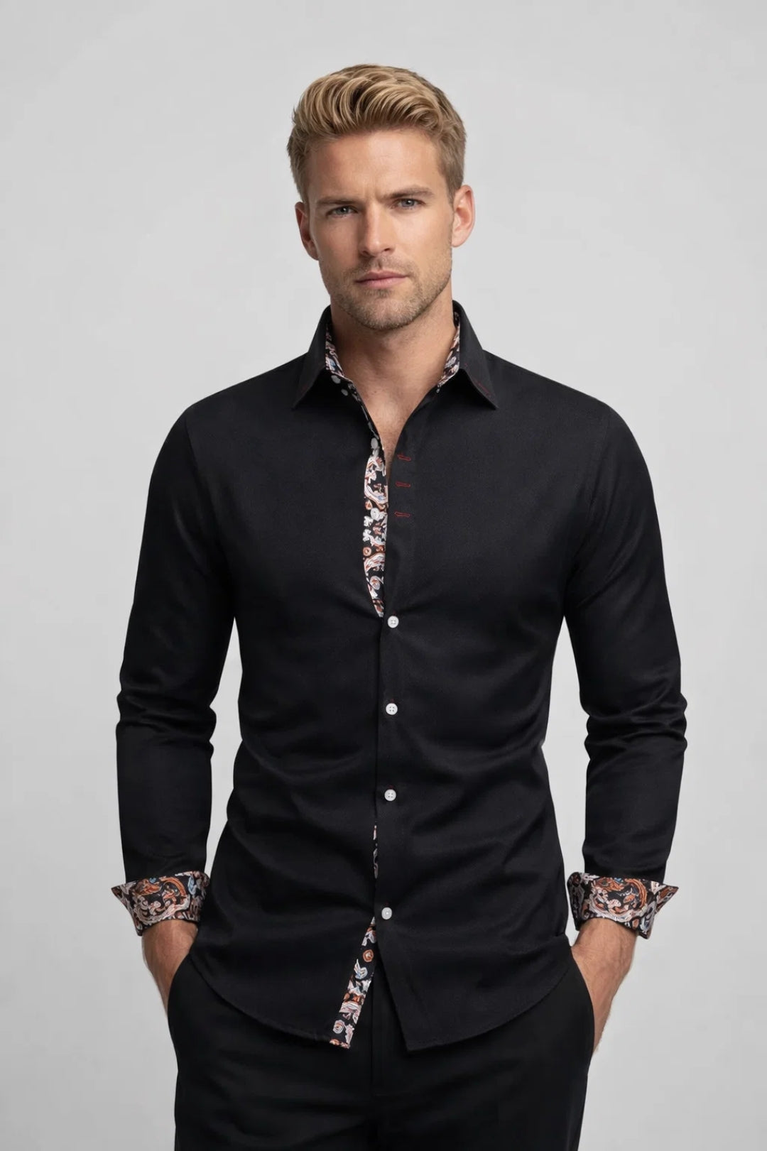 Overhemd Heren - Slim Fit met Contrastbies en Bloemendetail | Casual