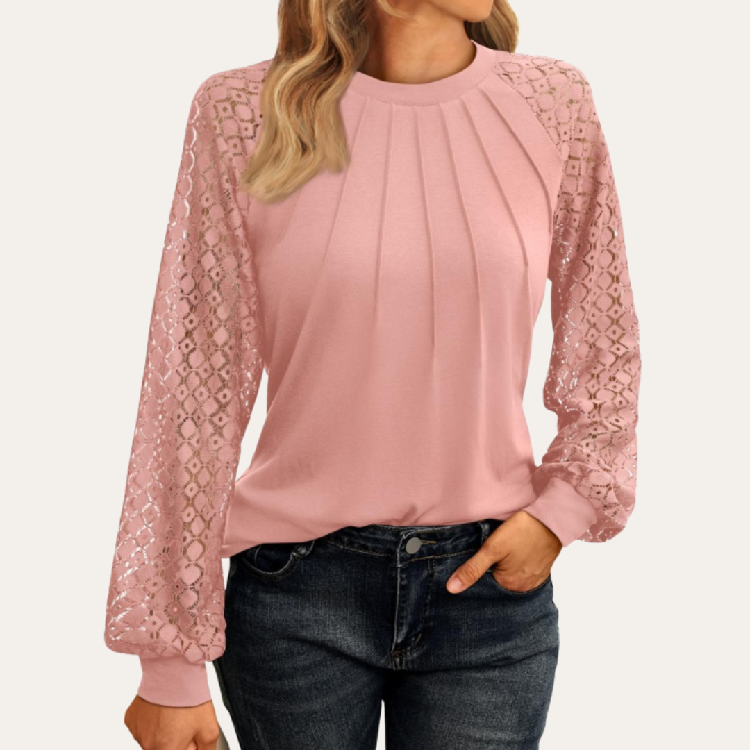 Dames Blouse met Kantmouwen en Geplooide Halslijn