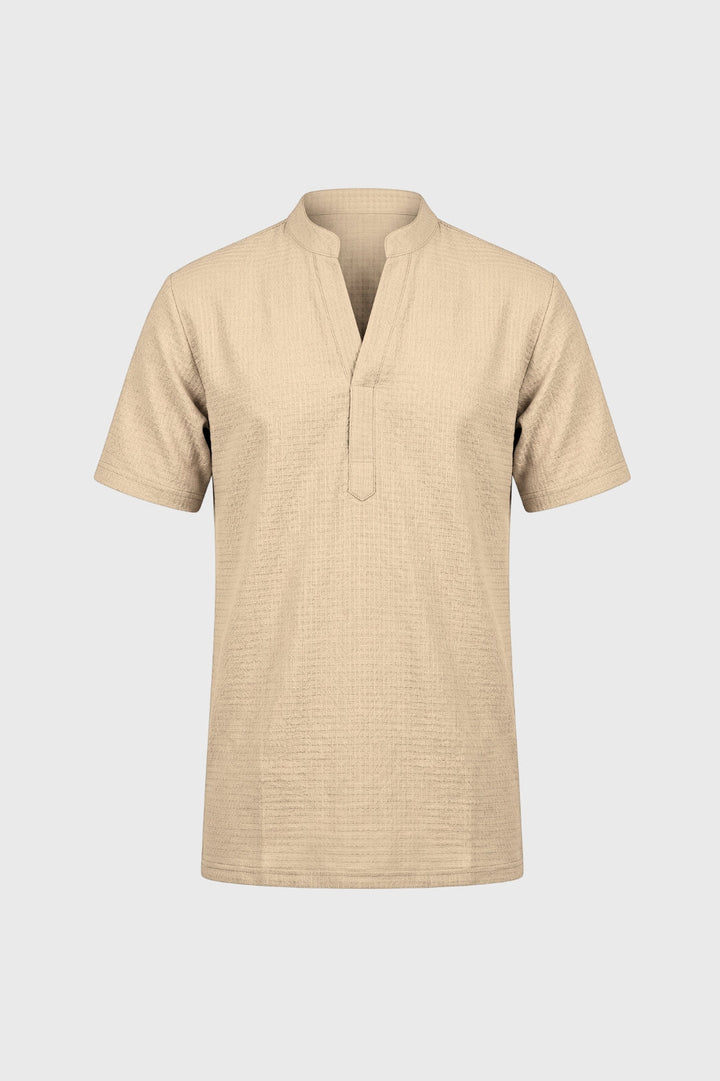 Overhemd Heren - Korte Mouw Tunika met Staande Kraag | Beige
