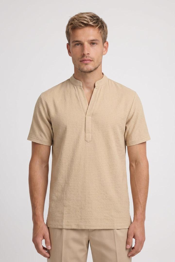 Overhemd Heren - Korte Mouw Tunika met Staande Kraag | Beige