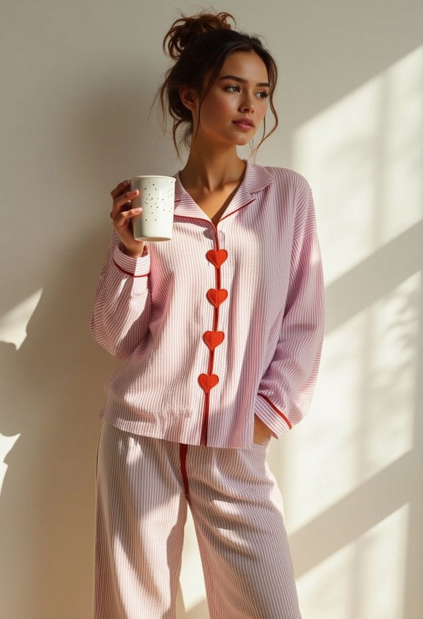 Pyjama Set Dames Tweedelig Hartjes Knoopjes Elastische Taille