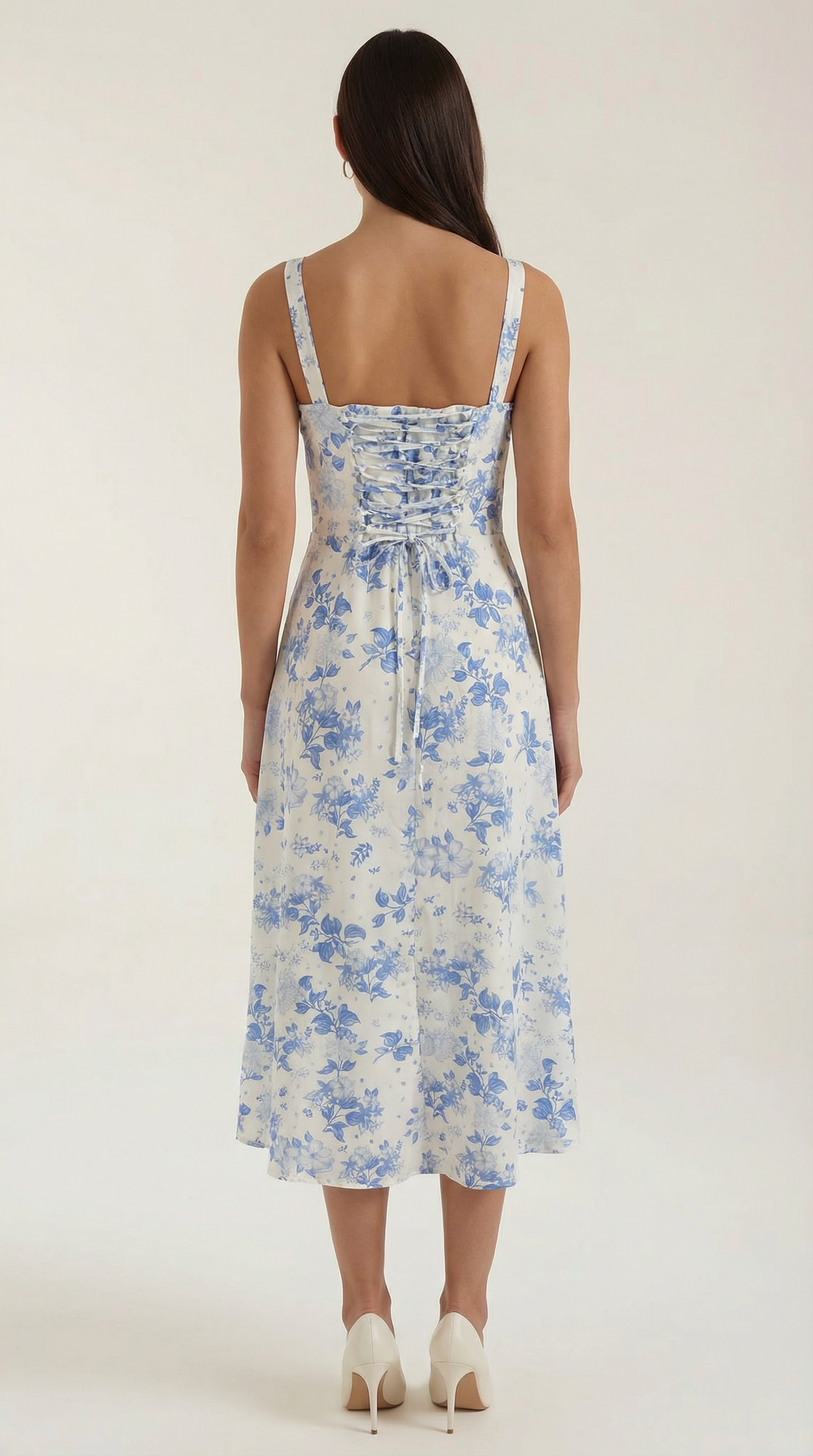 Midi-jurk dames A-lijn vintage bloemenprint hartvormige hals verstelbare rug