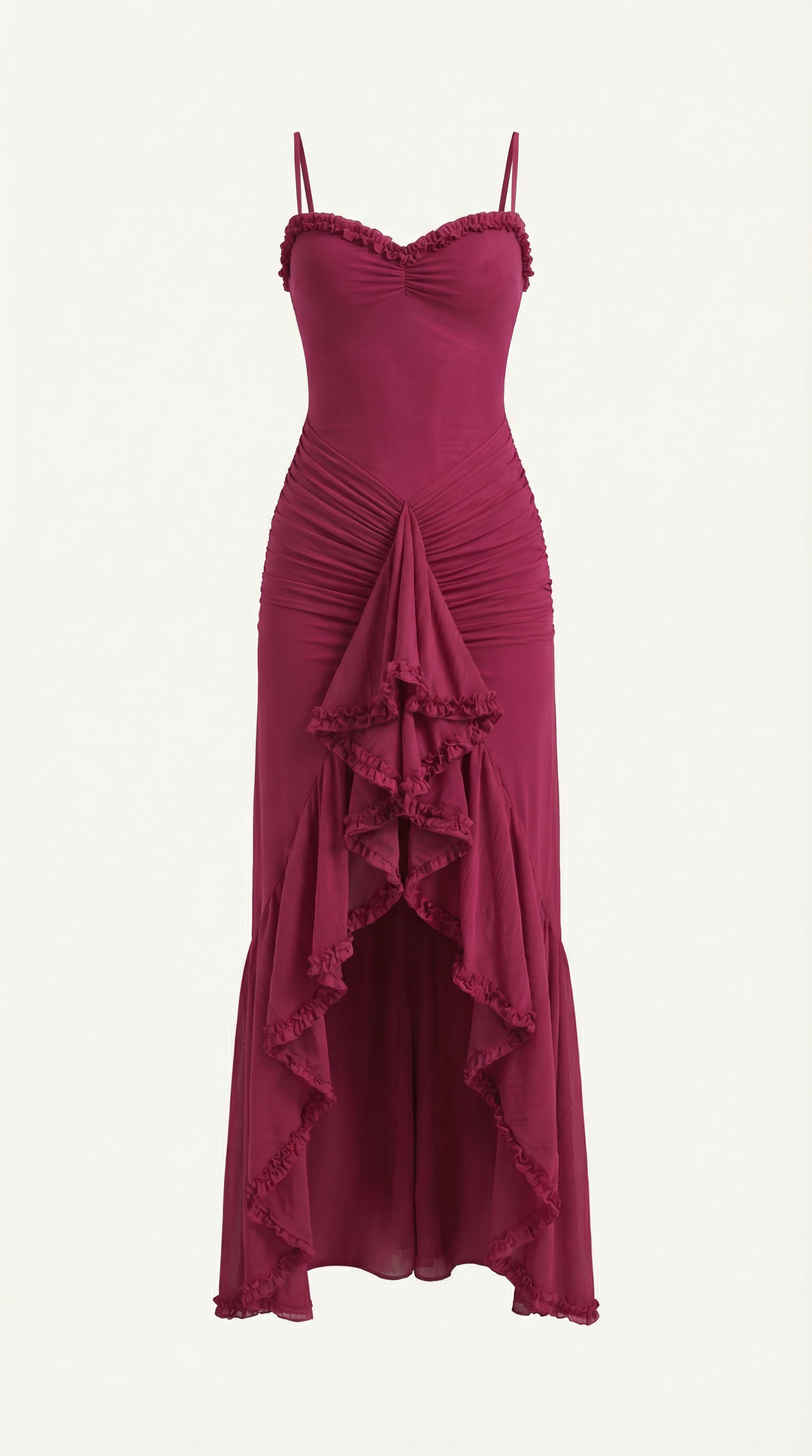 Maxi-jurk dames hartvormige hals ruches asymmetrische zoom spaghettibandjes