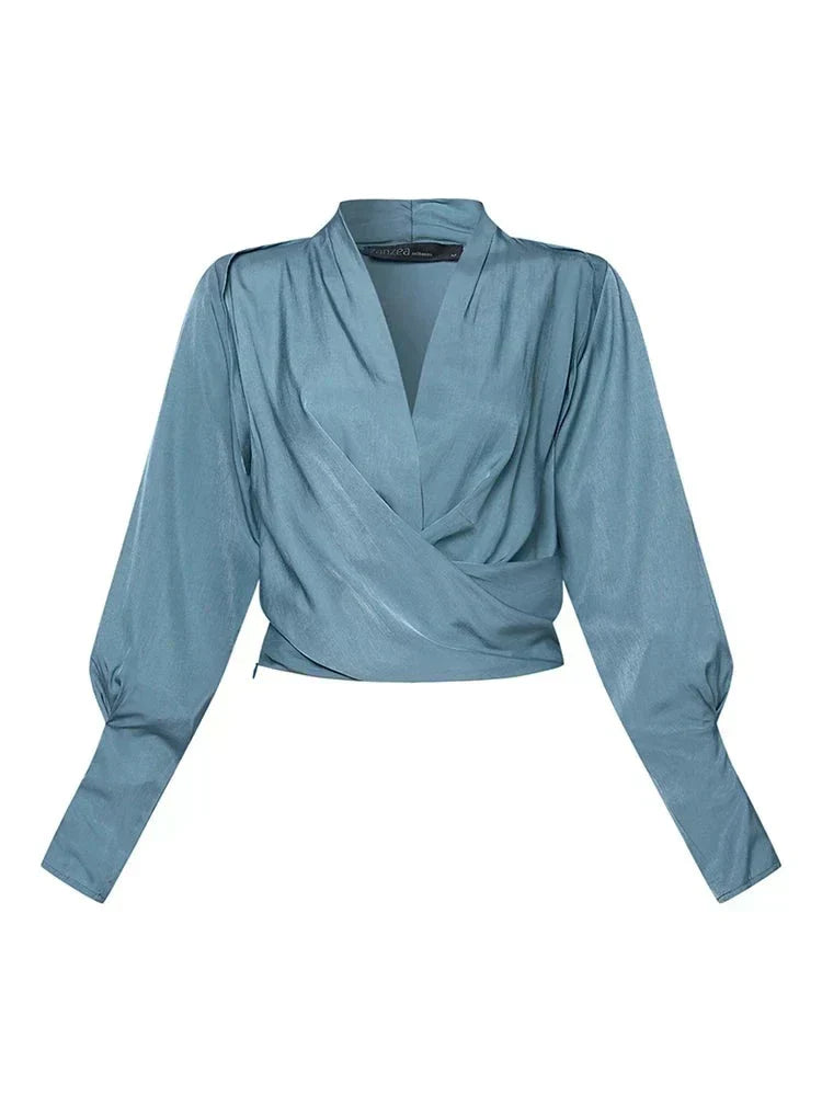 Satijnen Wikkelblouse Met V Hals En Pofmouwen Voor Dames