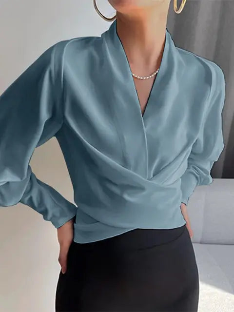 Satijnen Wikkelblouse Met V Hals En Pofmouwen Voor Dames