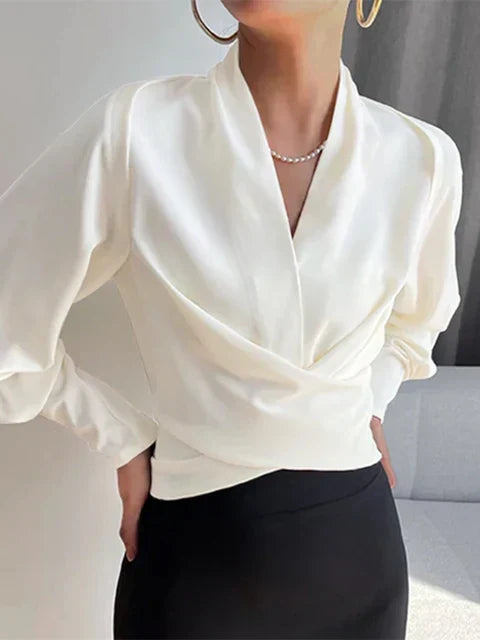 Satijnen Wikkelblouse Met V Hals En Pofmouwen Voor Dames