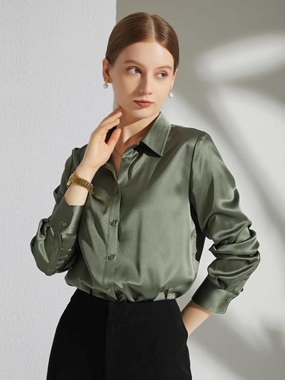 Satijnen Blouse Dames met Klassieke Kraag en Elegante Pasvorm