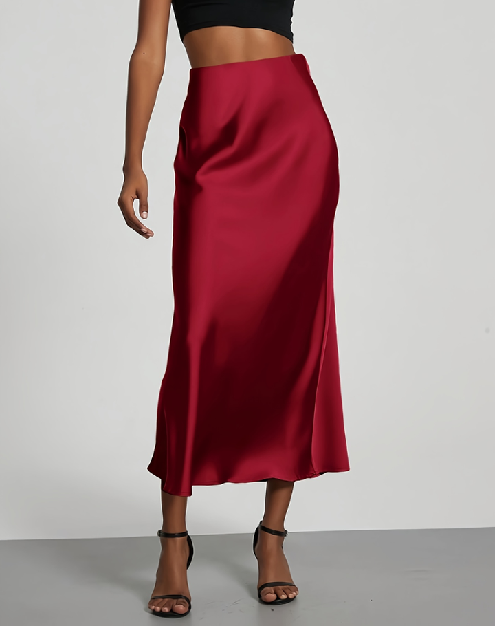 Elegante Satijn Look Midi Rok Met Hoge Taille En Soepele Valling