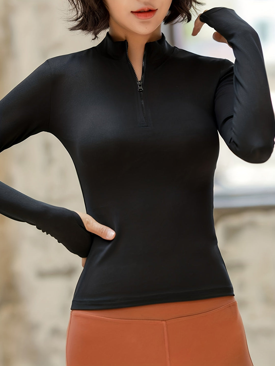 Sophie | Effen lange mouwen dames T-shirt met halve rits