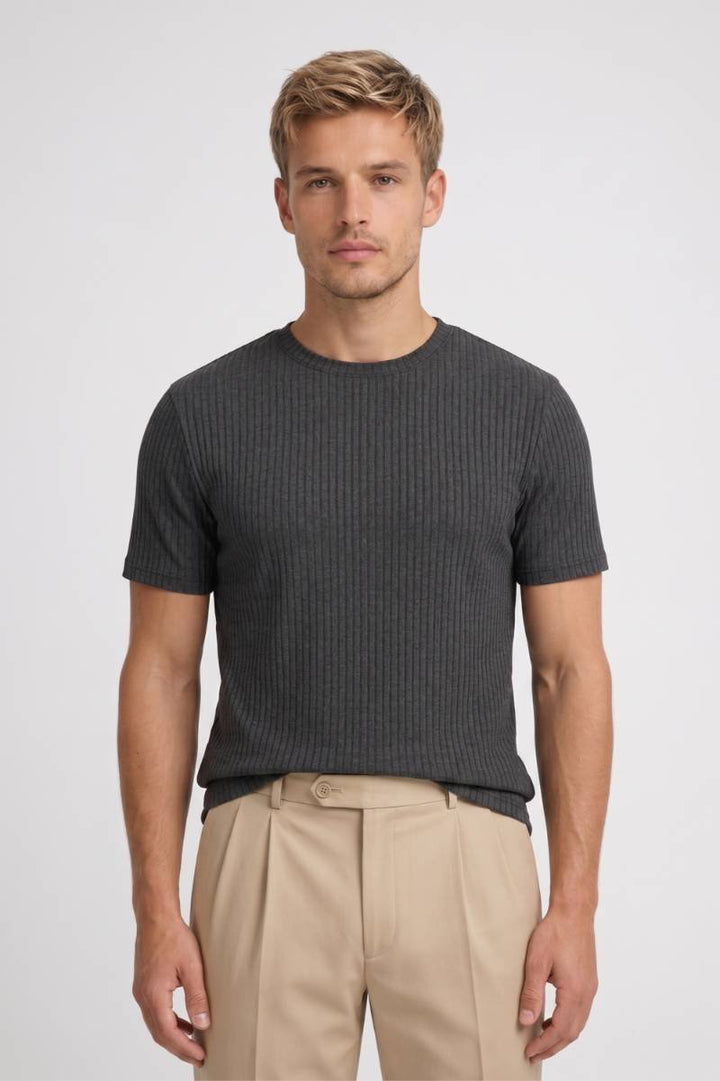 T-Shirt Heren - Geribde Slim Fit | Ronde Hals