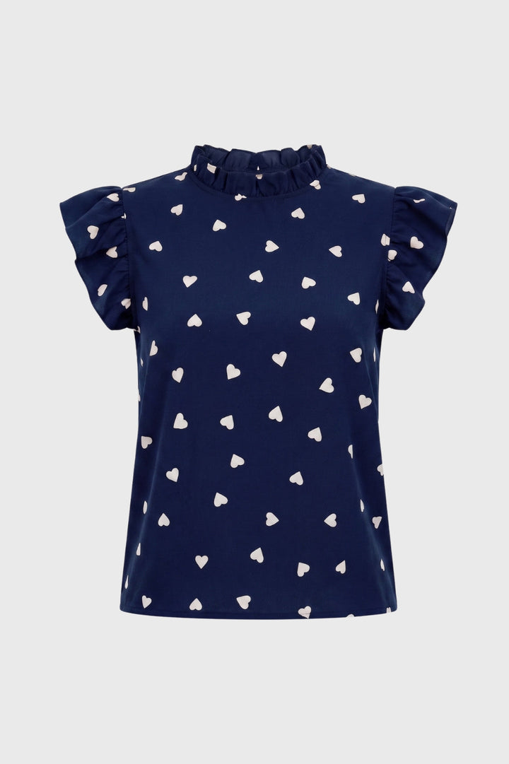 Top Dames Hartenprint Ruffle Mouwen Hoge Hals Casual