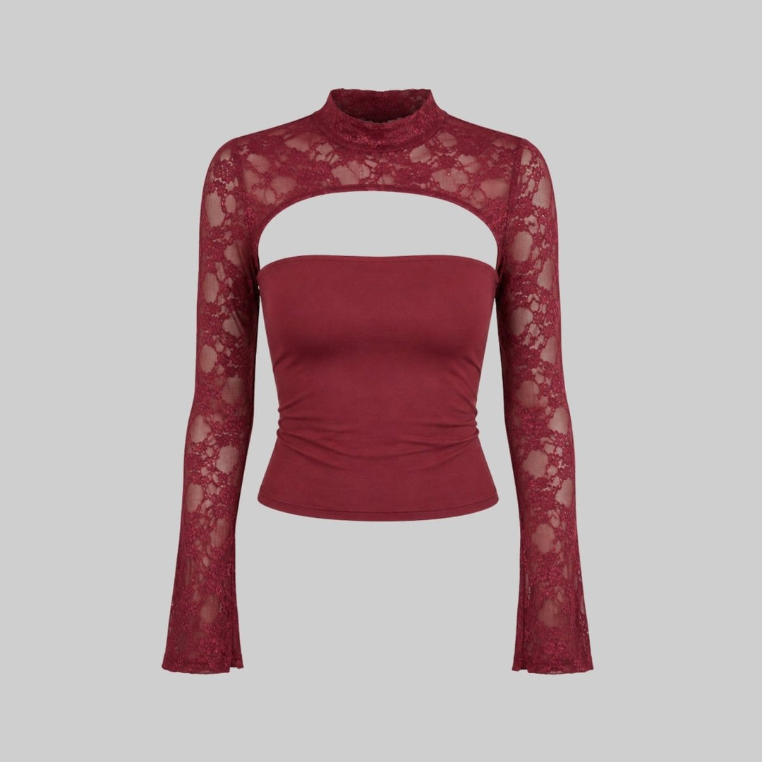 Top Dames Kant Cutout Mock Neck Flare Mouwen