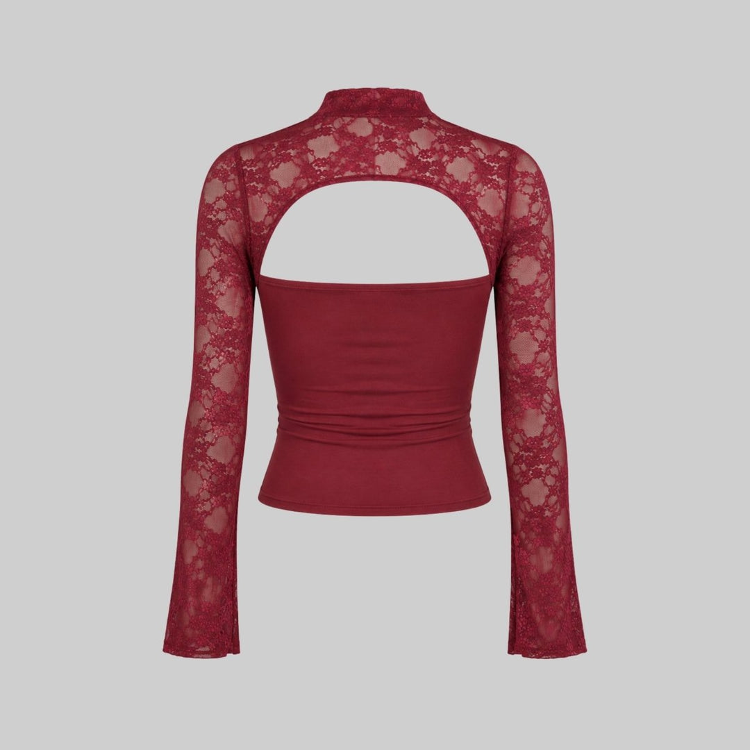 Top Dames Kant Cutout Mock Neck Flare Mouwen