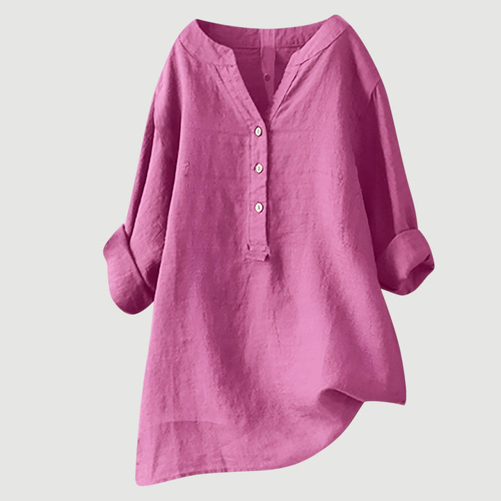 Luchtige Dames Tuniek Blouse Met V Hals En Knoopsluiting