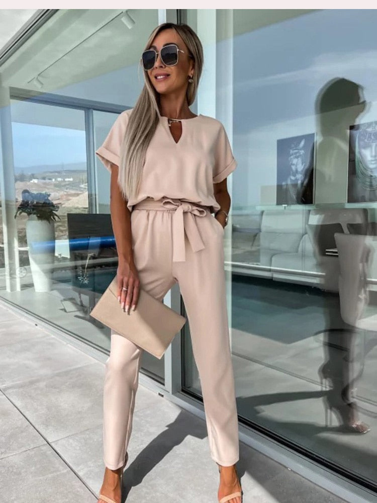 Elegante Jumpsuit Set Voor Dames Met Korte Mouwen En Ceintuur