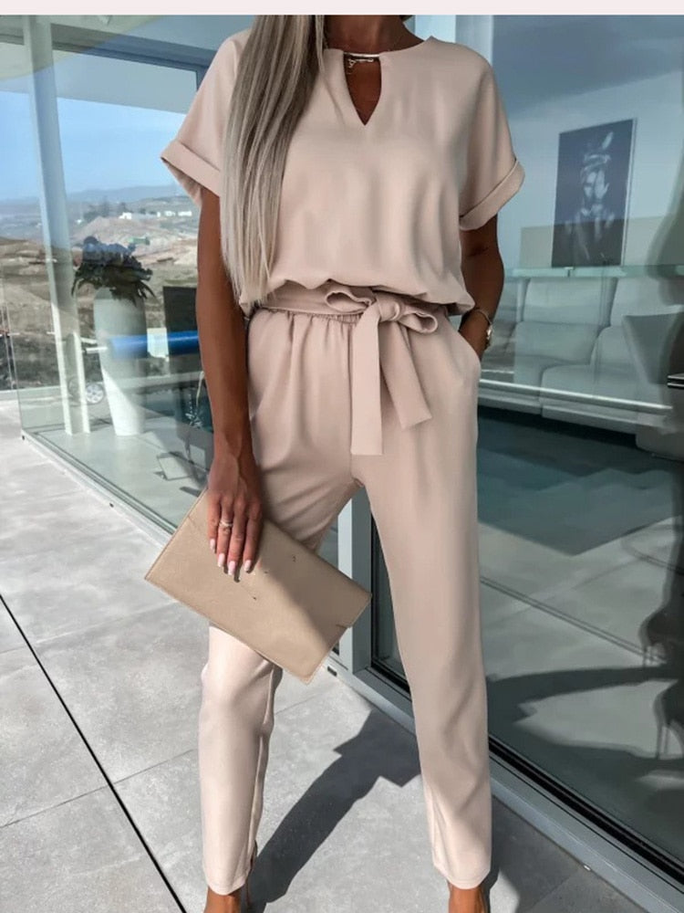 Elegante Jumpsuit Set Voor Dames Met Korte Mouwen En Ceintuur
