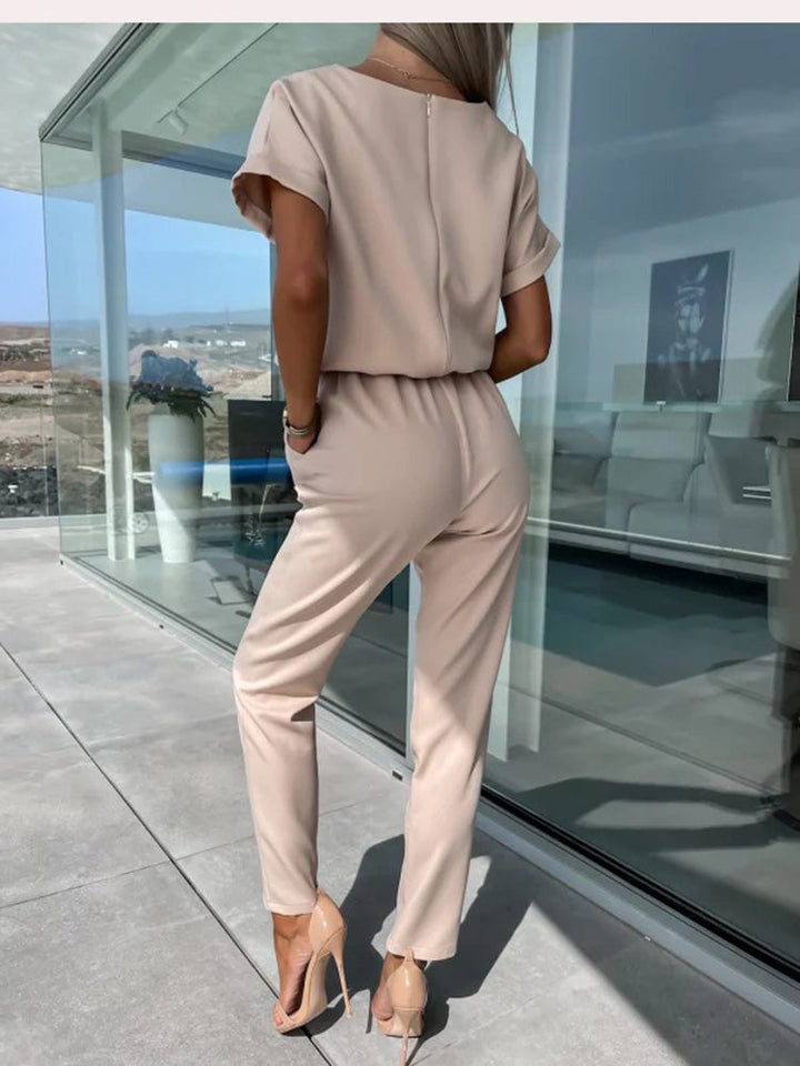 Elegante Jumpsuit Set Voor Dames Met Korte Mouwen En Ceintuur