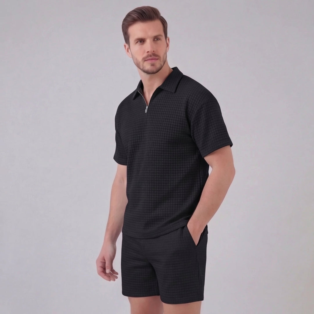 Waffle Knit Set Heren Zomer Casual Half Zip Polo