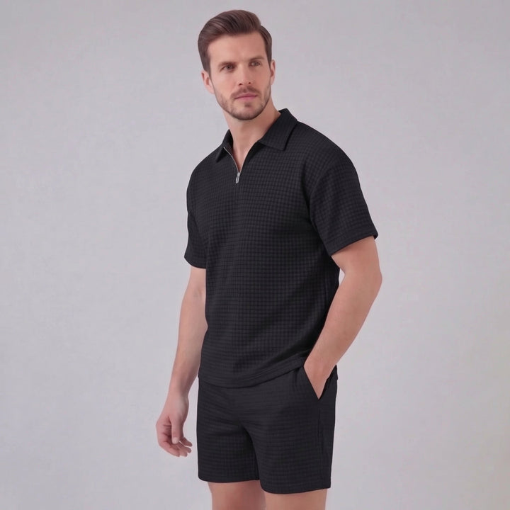 Waffle Knit Set Heren Zomer Casual Half Zip Polo