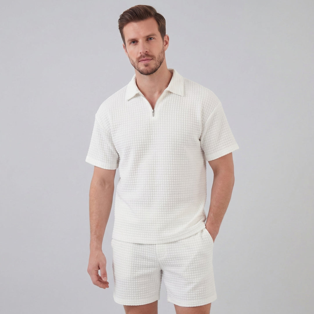 Waffle Knit Set Heren Zomer Casual Half Zip Polo
