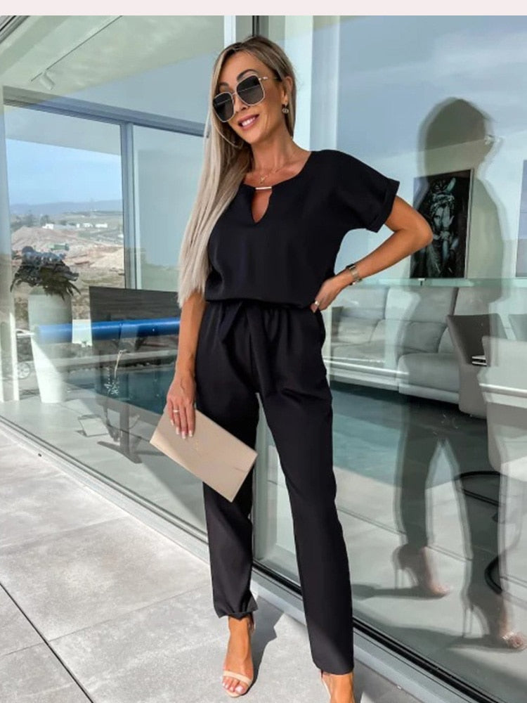 Elegante Jumpsuit Set Voor Dames Met Korte Mouwen En Ceintuur