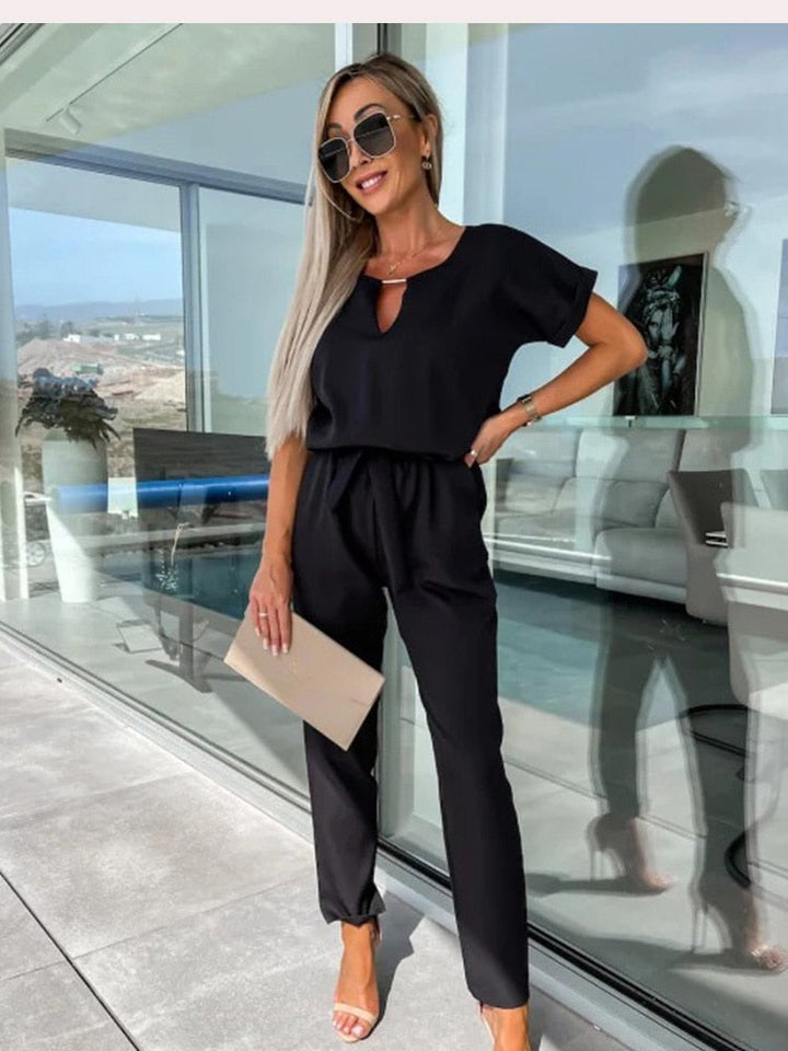 Elegante Jumpsuit Set Voor Dames Met Korte Mouwen En Ceintuur